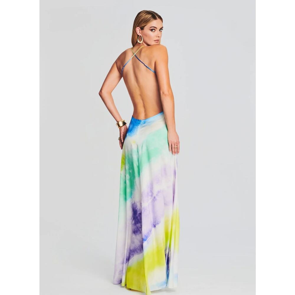 Retrofête Scarlett Silk Maxi Gown Watercolor Wave Tie-Dye Open Back NWOT Large - Picture 3 of 16